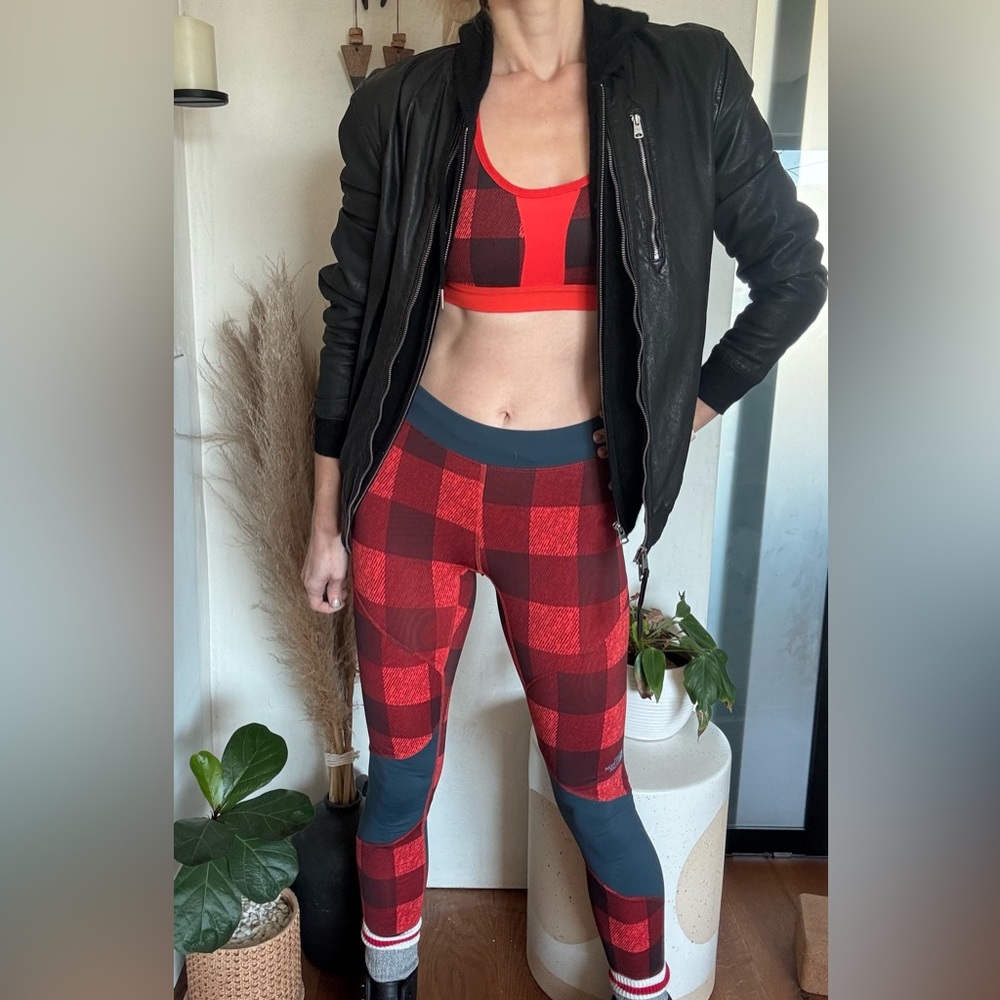 North Face red plaid sports bra and leggings set